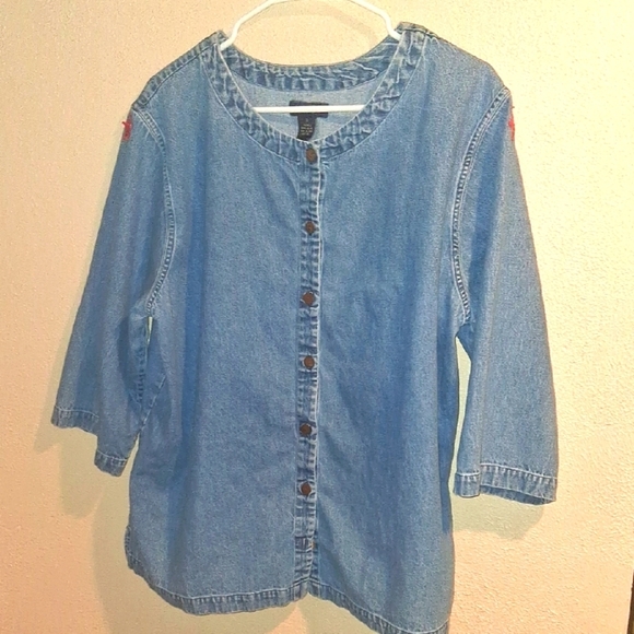 Life Style Vintage Denim Button Down Star Patches Lagen Look 1X - Picture 1 of 6